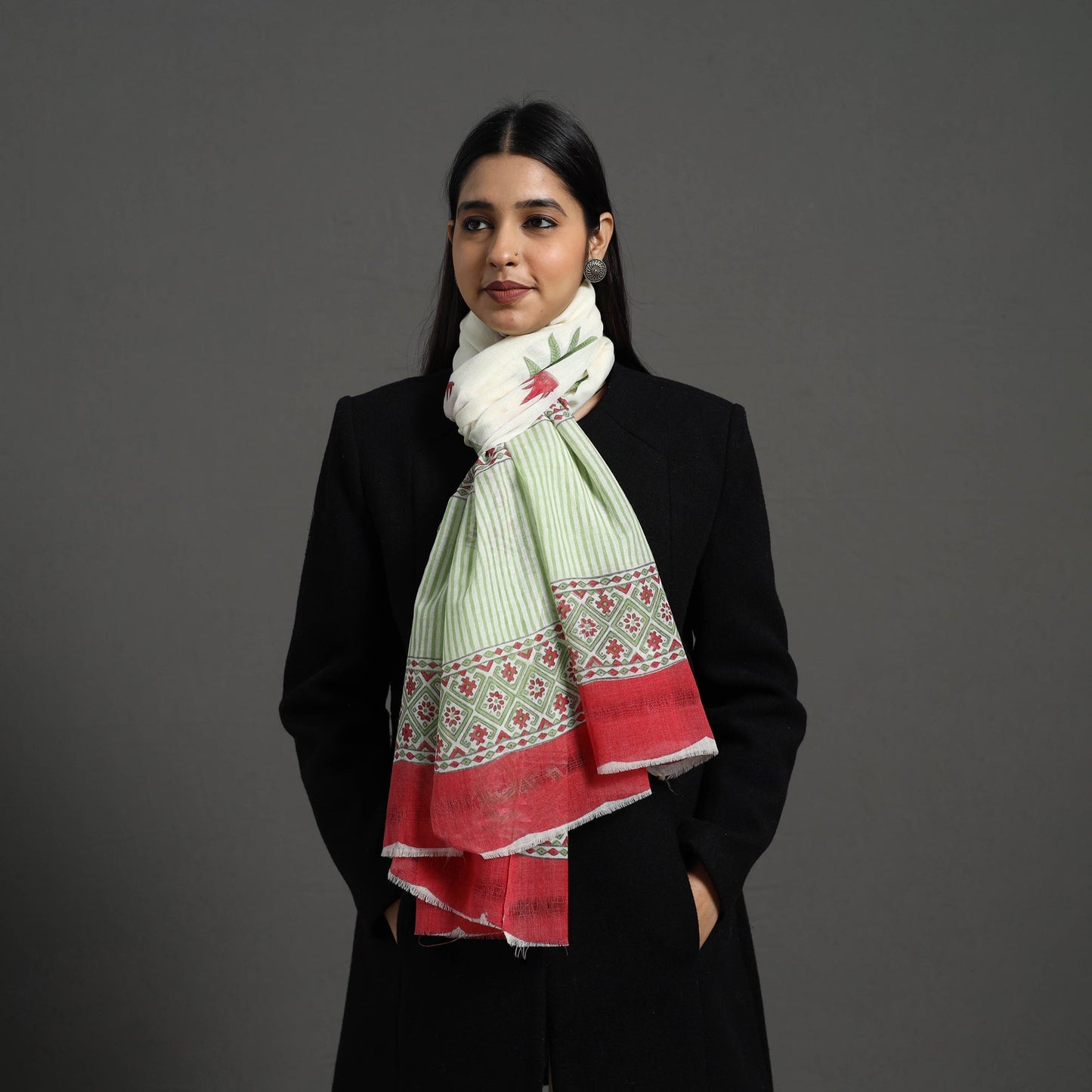 Buy Green Pure Wool Block Print Sanganeri Stole