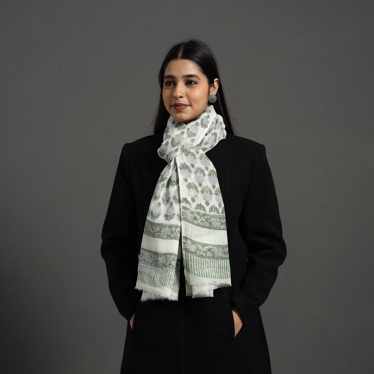  Pure Wool Block Print Green Sanganeri Stole