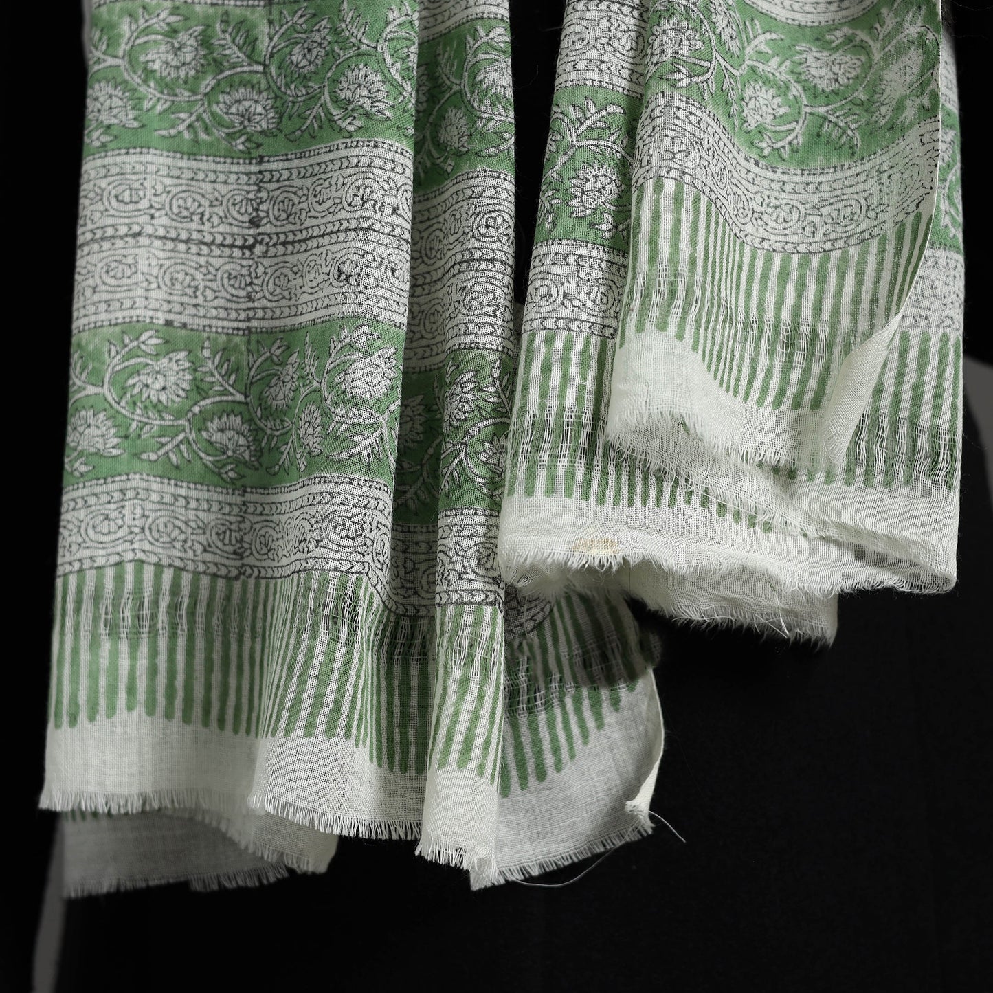  Pure Wool Green Block Print Sanganeri Stole