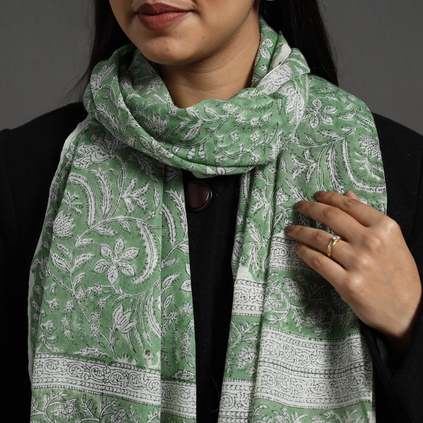  Pure Wool Green Block Print Sanganeri Stole