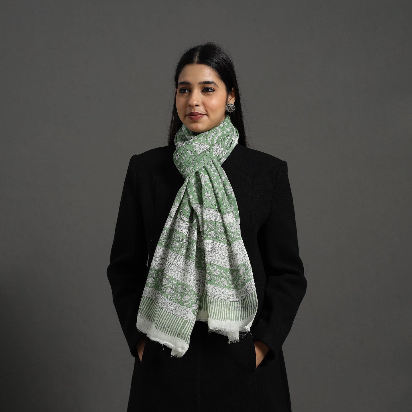  Pure Wool Green Block Print Sanganeri Stole