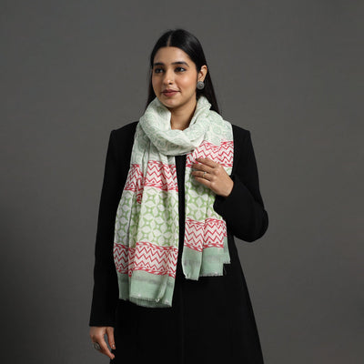  Pure Wool Block Print Green Sanganeri Stole