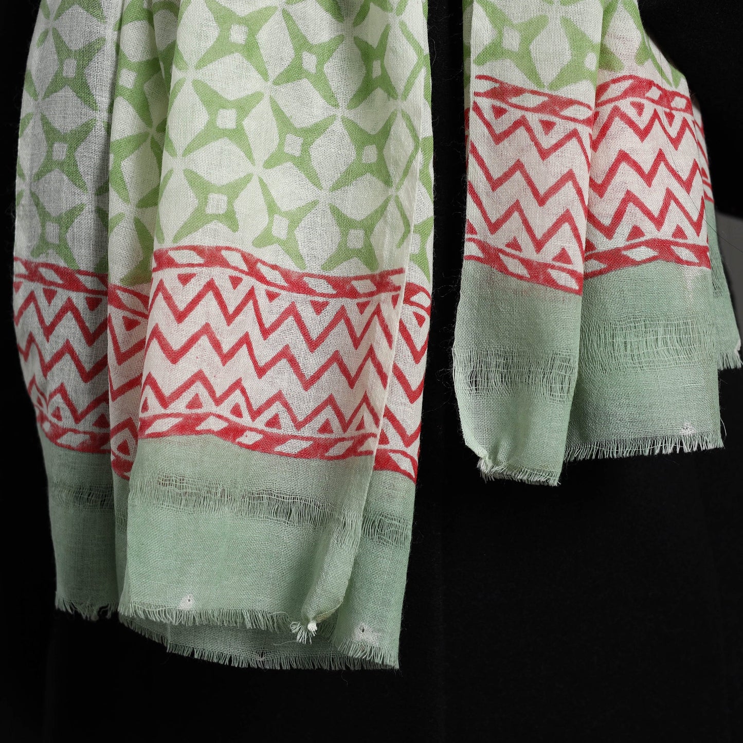  Pure Wool Block Print Green Sanganeri Stole