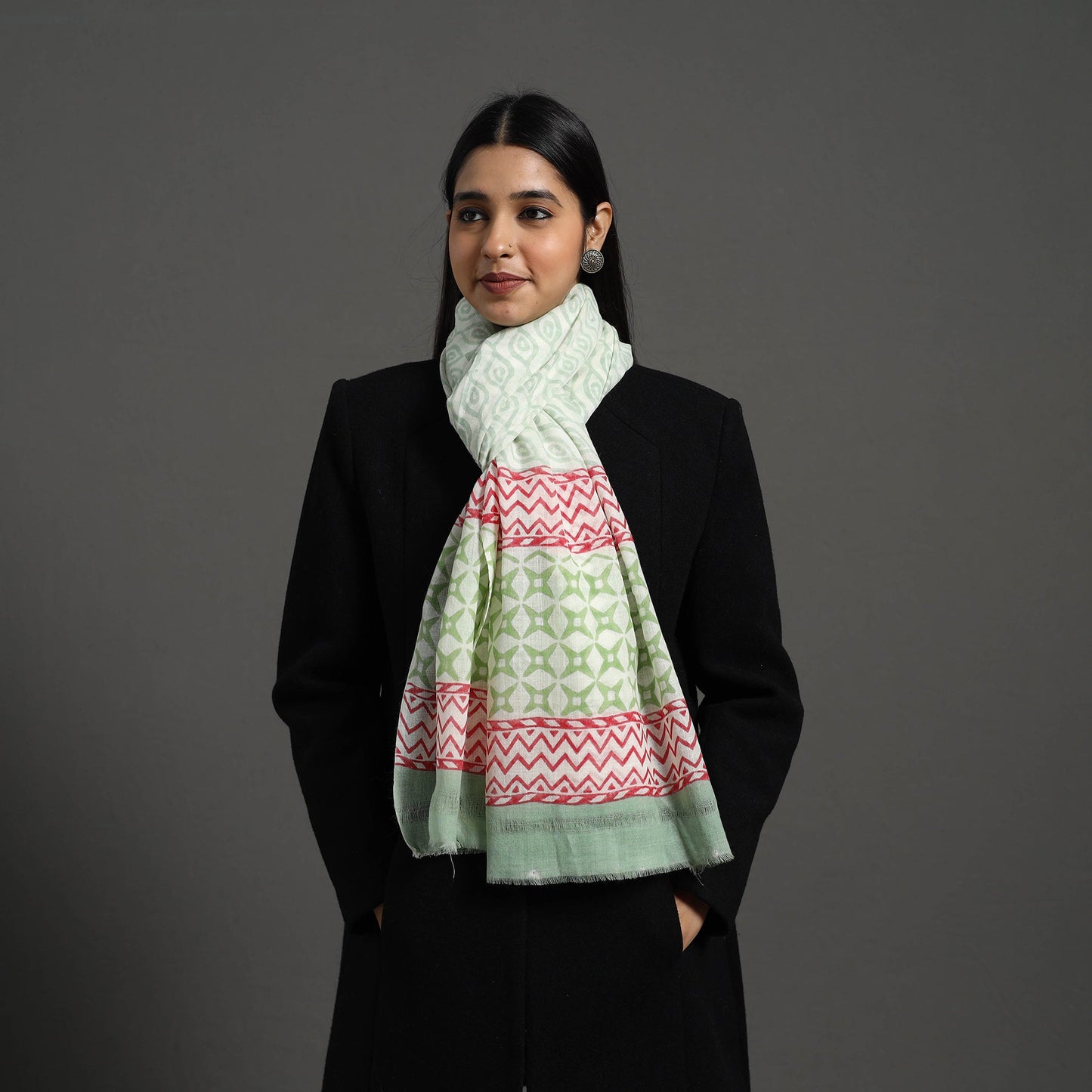  Pure Wool Block Print Green Sanganeri Stole