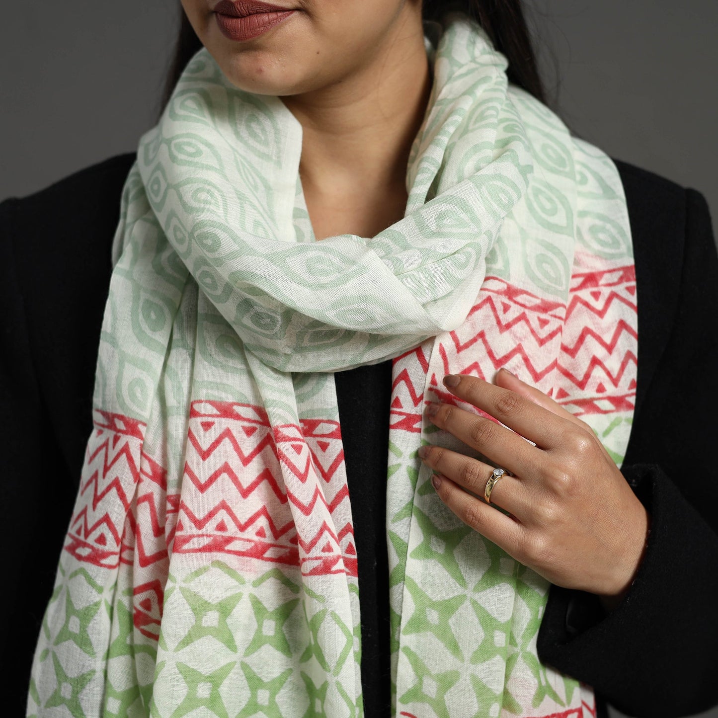  Pure Wool Block Print Green Sanganeri Stole