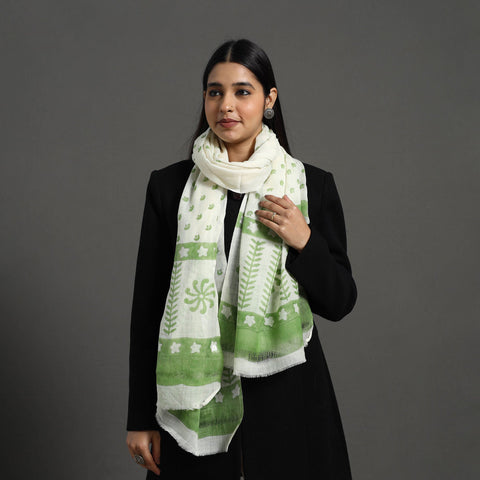 Green - pure wool sanganeri stole 66 - handcrafted