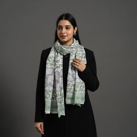 Green - pure wool sanganeri stole 70 - handcrafted