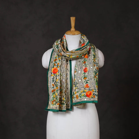 Green - ranihati chanderi silk hand embroidered stole 47