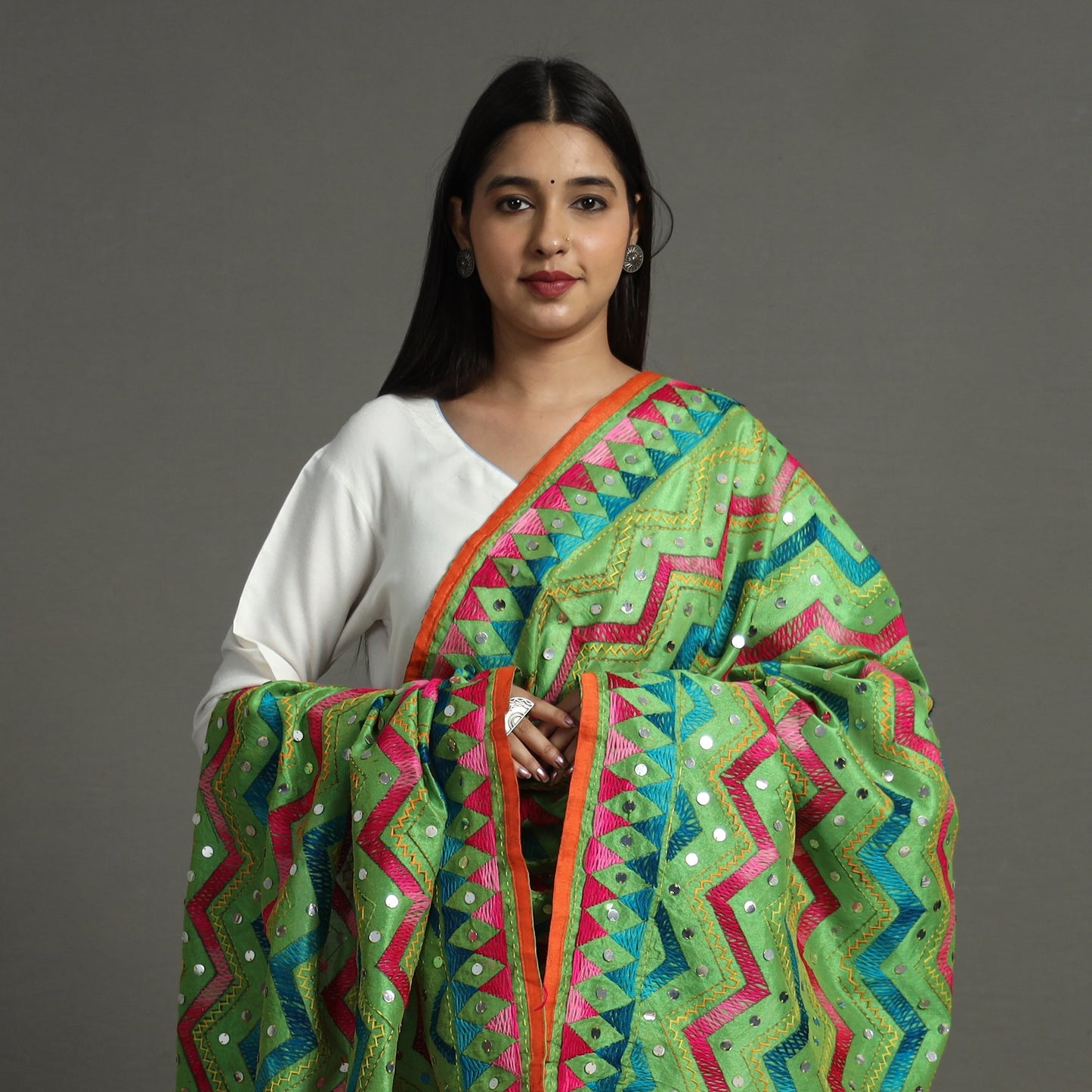 Buy Ranihati Chanderi Silk Zig Zag Phulkari Hand Embroidery Dupatta