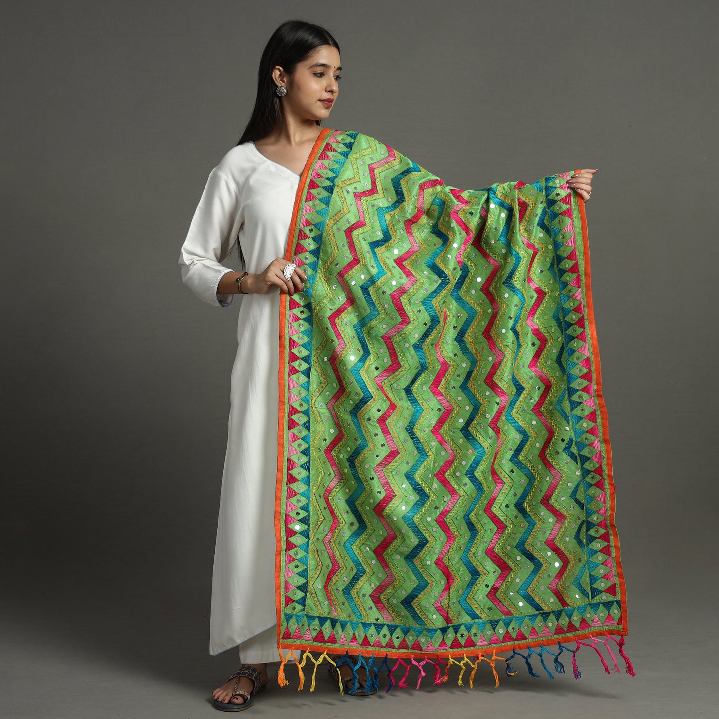 Buy Ranihati Chanderi Silk Zig Zag Phulkari Hand Embroidery Dupatta
