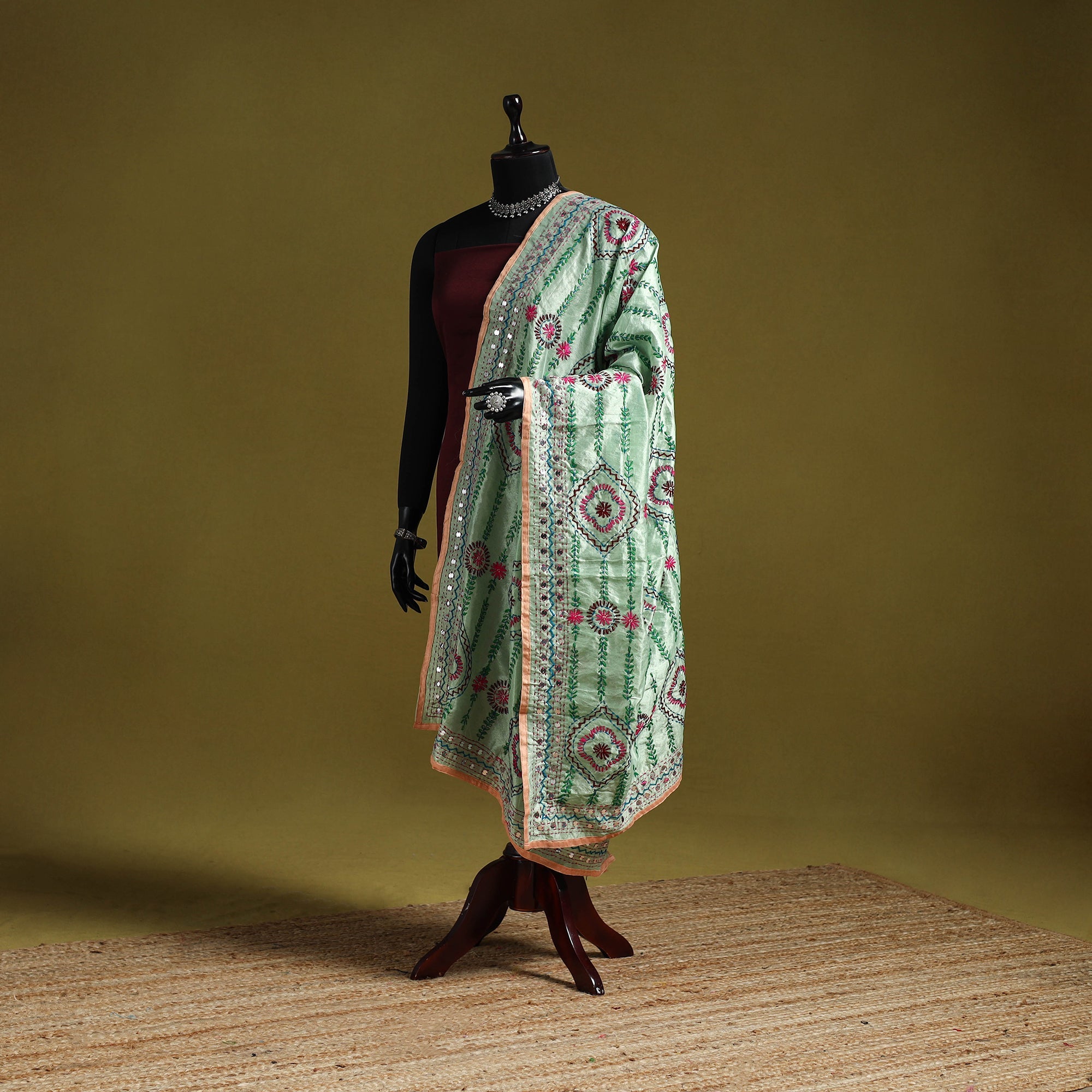 Hand Chapa Green Ranihati Chapa Work Chanderi Silk Hand Embroidery Dupatta