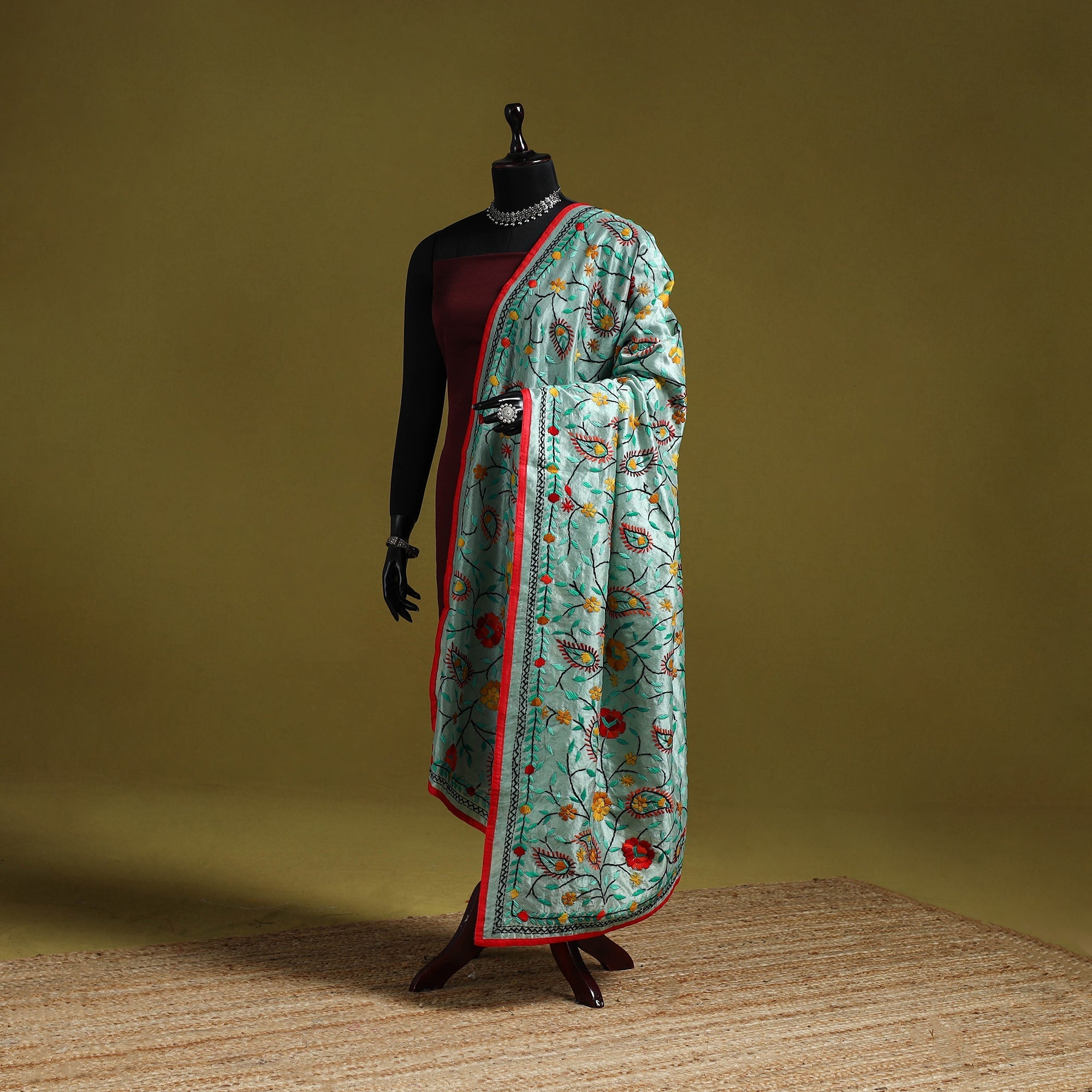 Red - Ranihati Chanderi Silk Zig Zag Hand Embroidery Dupatta 14