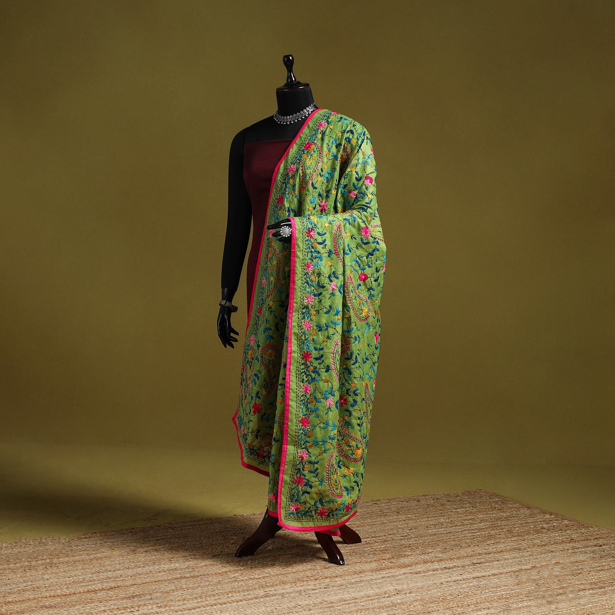 Green - Ranihati Chanderi Silk Zig Zag Hand Embroidery Dupatta  27