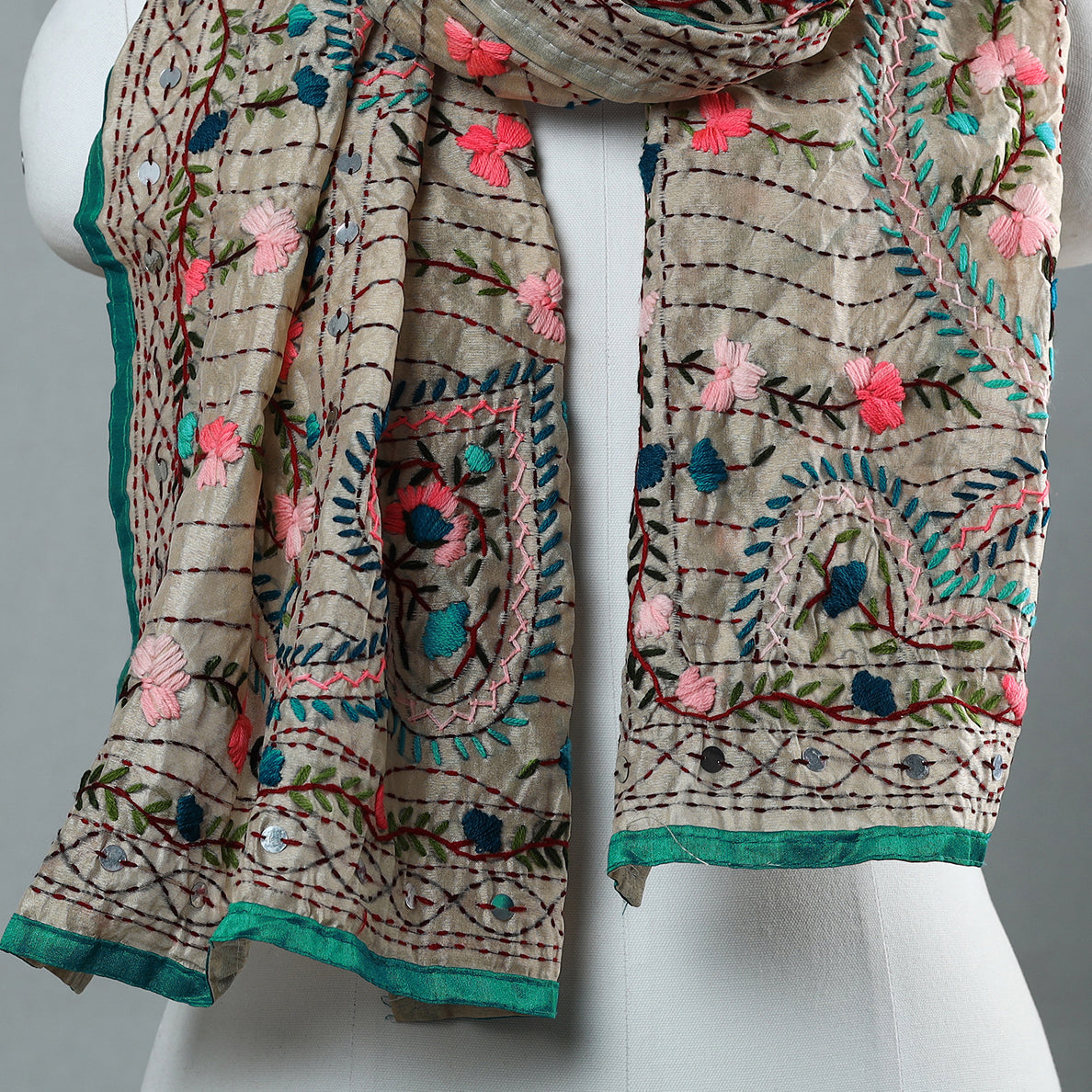 Green Ranihati Chapa Work Embroidery Chanderi Silk Stole