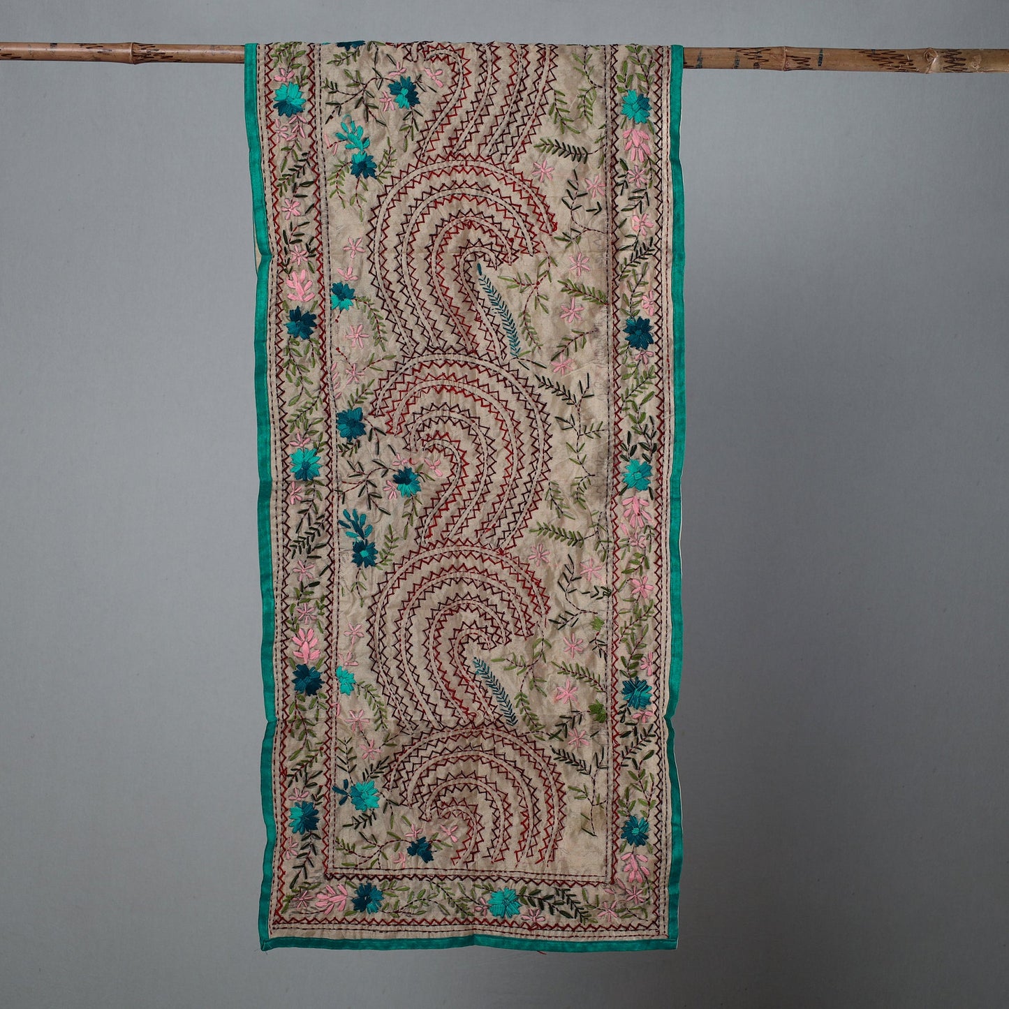 Green Ranihati Chapa Work Embroidery Chanderi Silk Stole