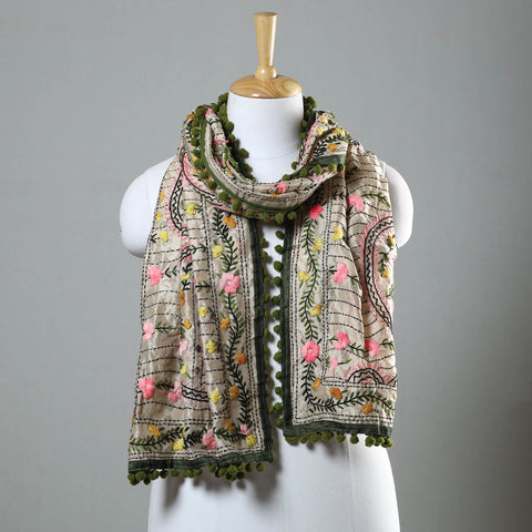 Green Ranihati Chapa Work Embroidery Chanderi Silk Stole with Pom Pom