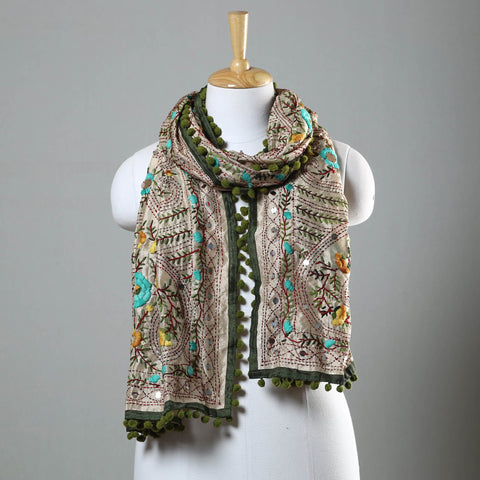 Green Ranihati Chapa Work Embroidery Chanderi Silk Stole with Pom Pom