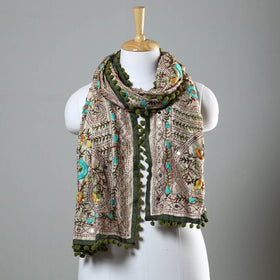 Green Ranihati Chapa Work Embroidery Chanderi Silk Stole with Pom Pom