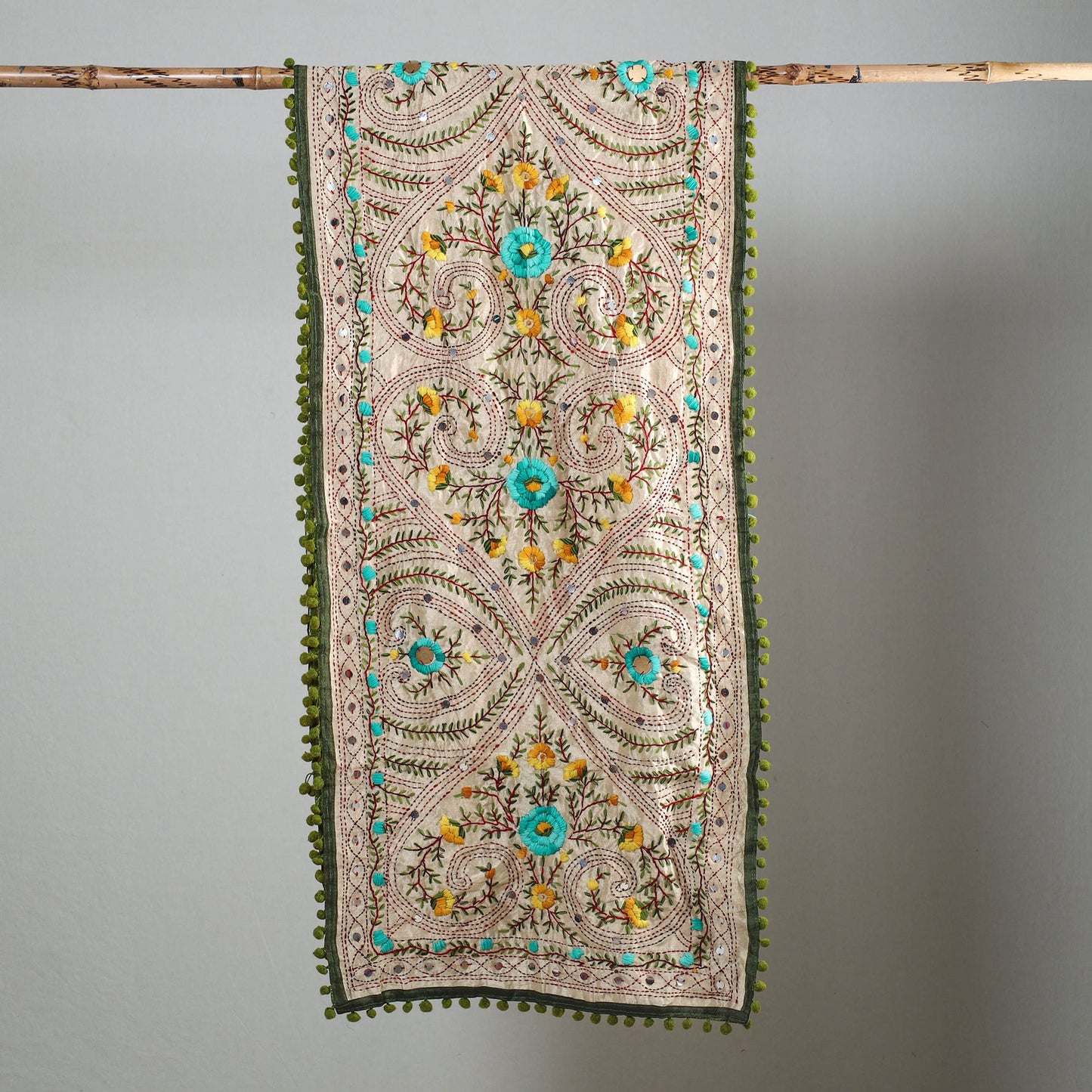 Green Ranihati Chapa Work Embroidery Chanderi Silk Stole with Pom Pom