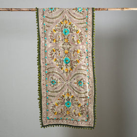 Green Ranihati Chapa Work Embroidery Chanderi Silk Stole with Pom Pom