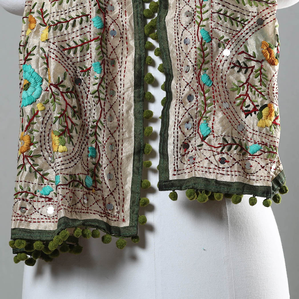 Green Ranihati Chapa Work Embroidery Chanderi Silk Stole with Pom Pom