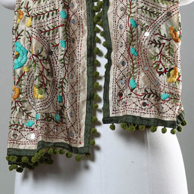 Green Ranihati Chapa Work Embroidery Chanderi Silk Stole with Pom Pom