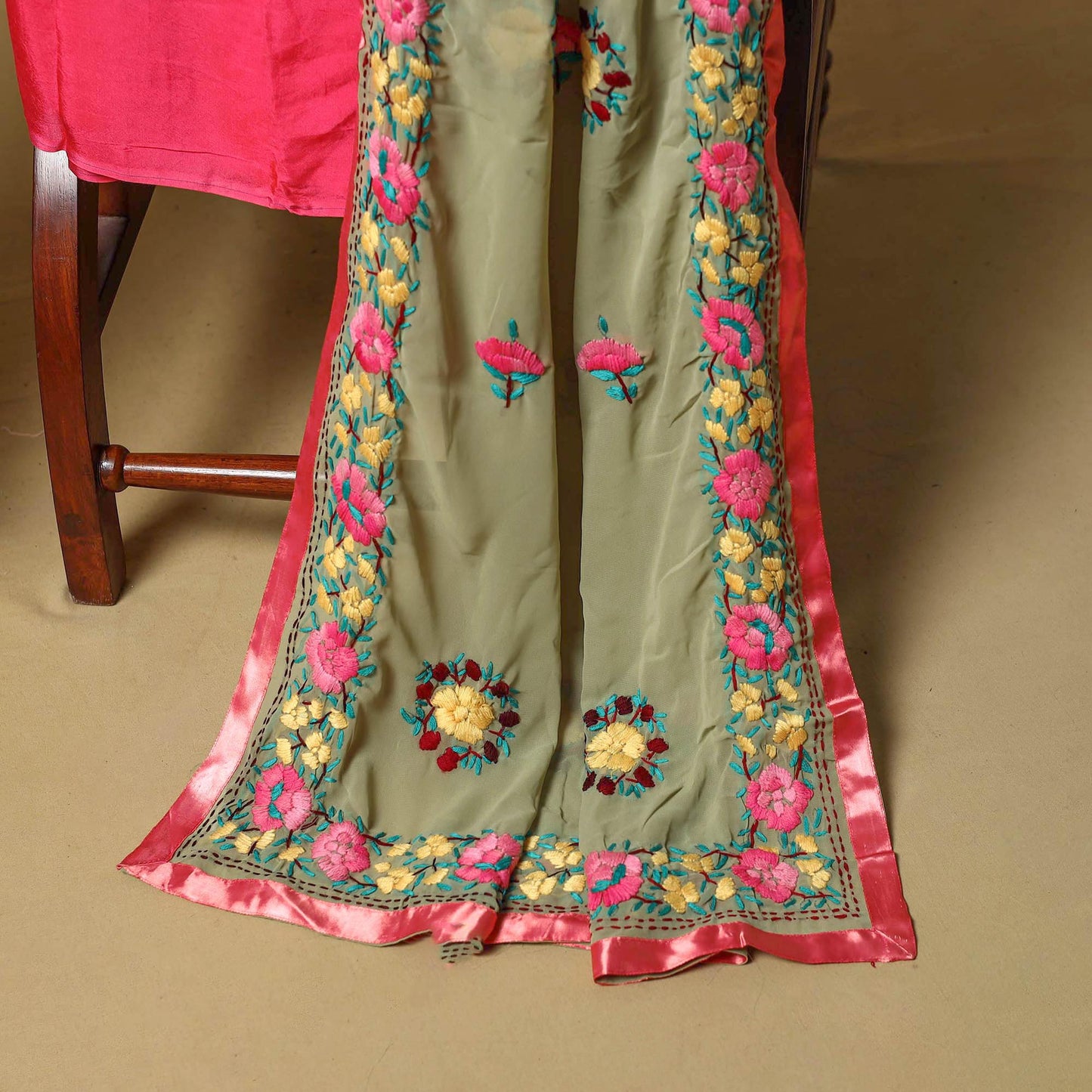 Green - ranihati chapa work hand embroidery georgette 3pc