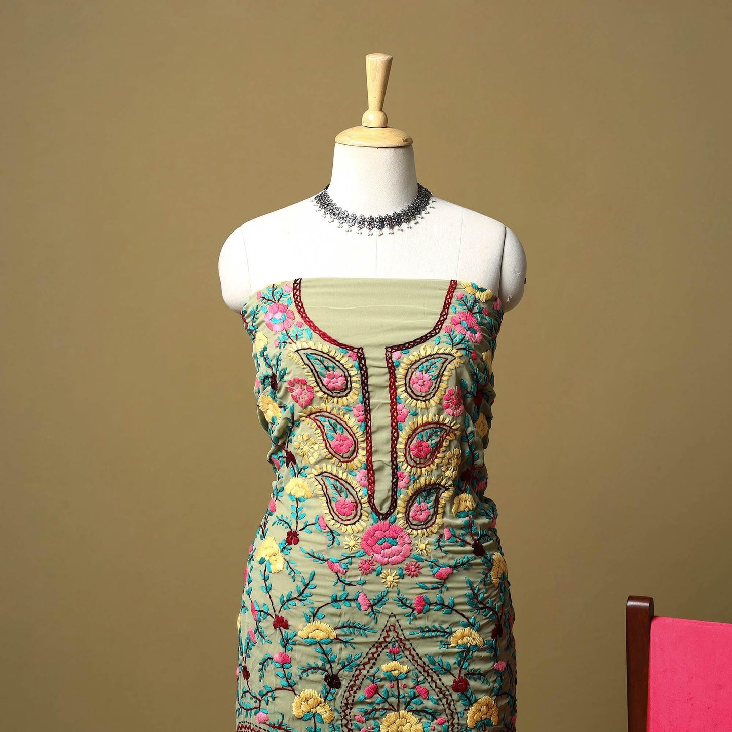 Green - ranihati chapa work hand embroidery georgette 3pc