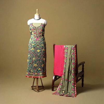 Green - ranihati chapa work hand embroidery georgette 3pc
