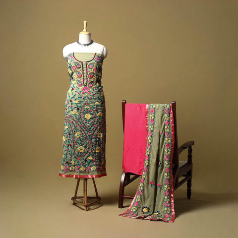 Green - ranihati chapa work hand embroidery georgette 3pc