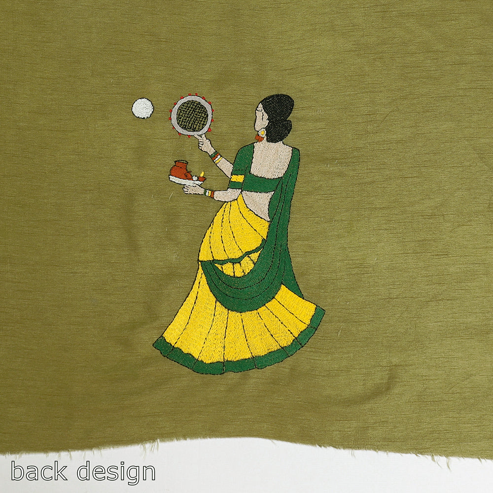 Green Bengal Kantha Embroidered Raw Silk Blouse Piece 