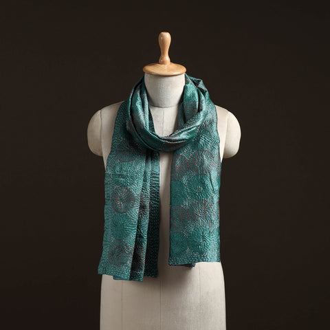 Green - reversible silk bengal hand kantha stitch stole 121