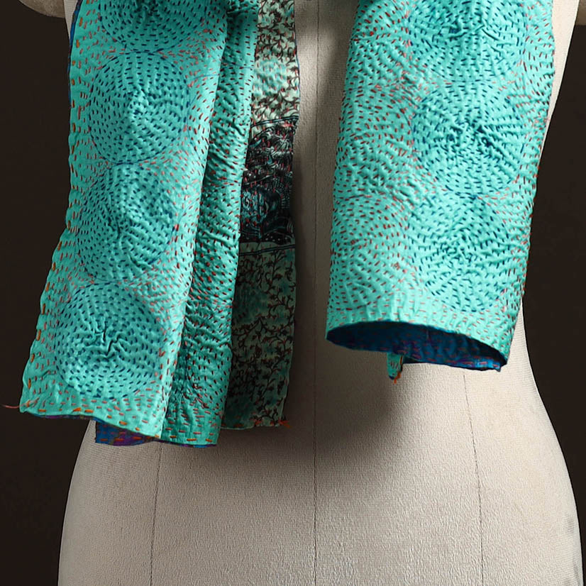 Green - reversible silk bengal hand kantha stitch stole 139