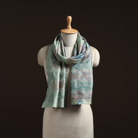 Green - reversible silk bengal hand kantha stitch stole 147