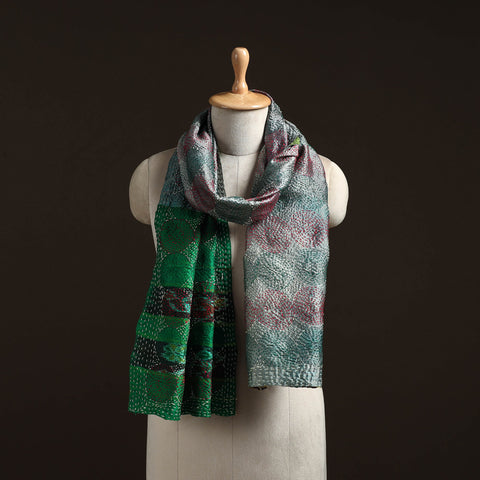 Green - reversible silk bengal hand kantha stitch stole 148