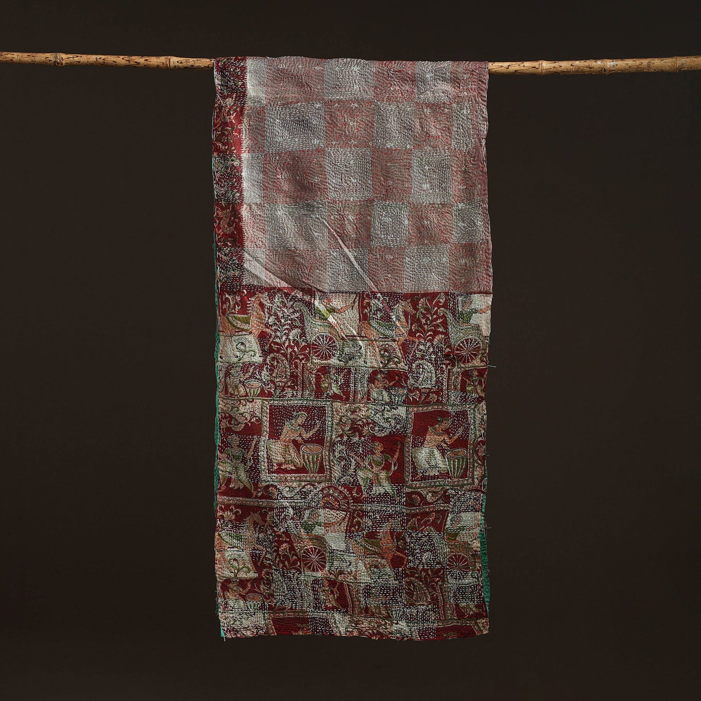 Green - reversible silk bengal hand kantha stitch stole 155