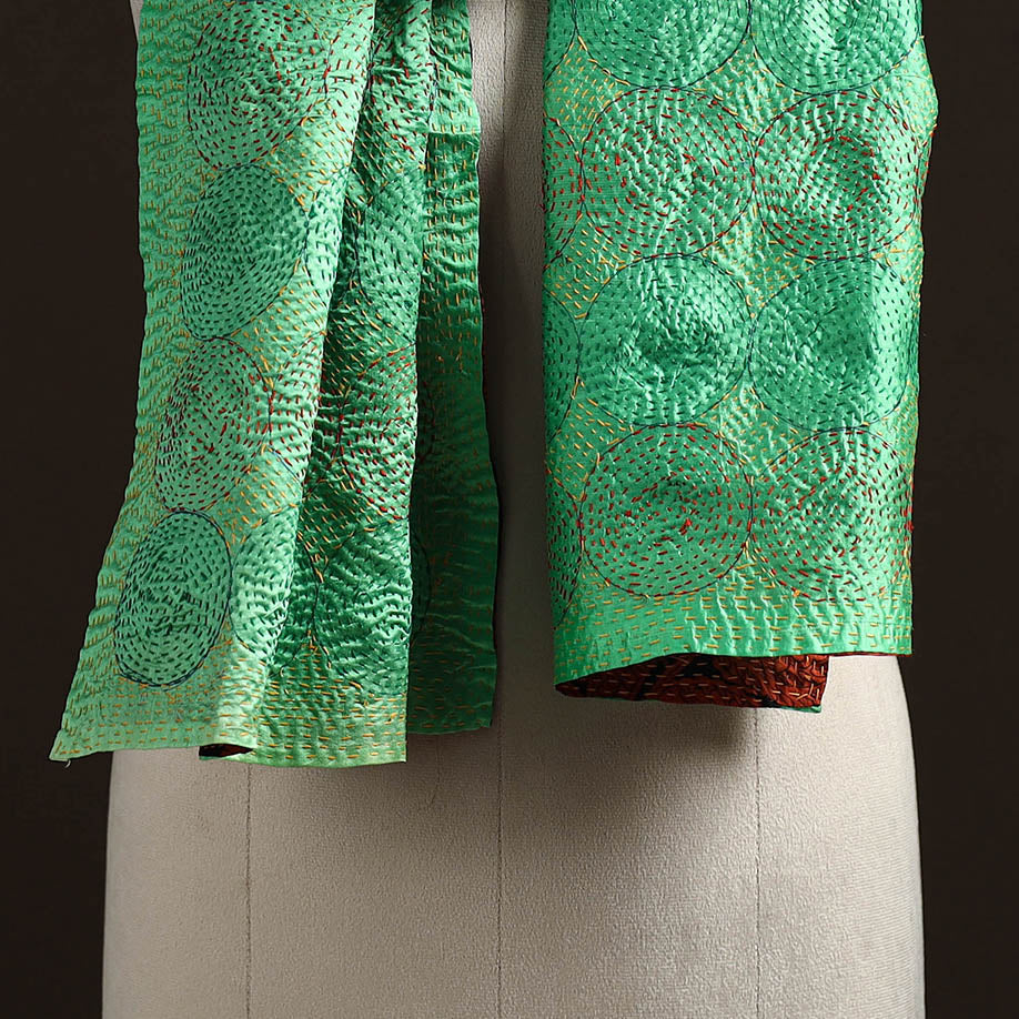 Green - reversible silk bengal hand kantha stitch stole 165