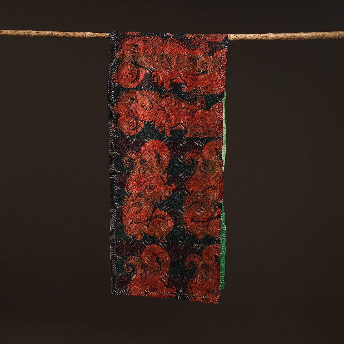 Green - reversible silk bengal hand kantha stitch stole 165