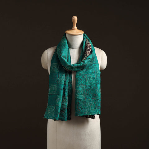 Green - reversible silk bengal hand kantha stitch stole 166