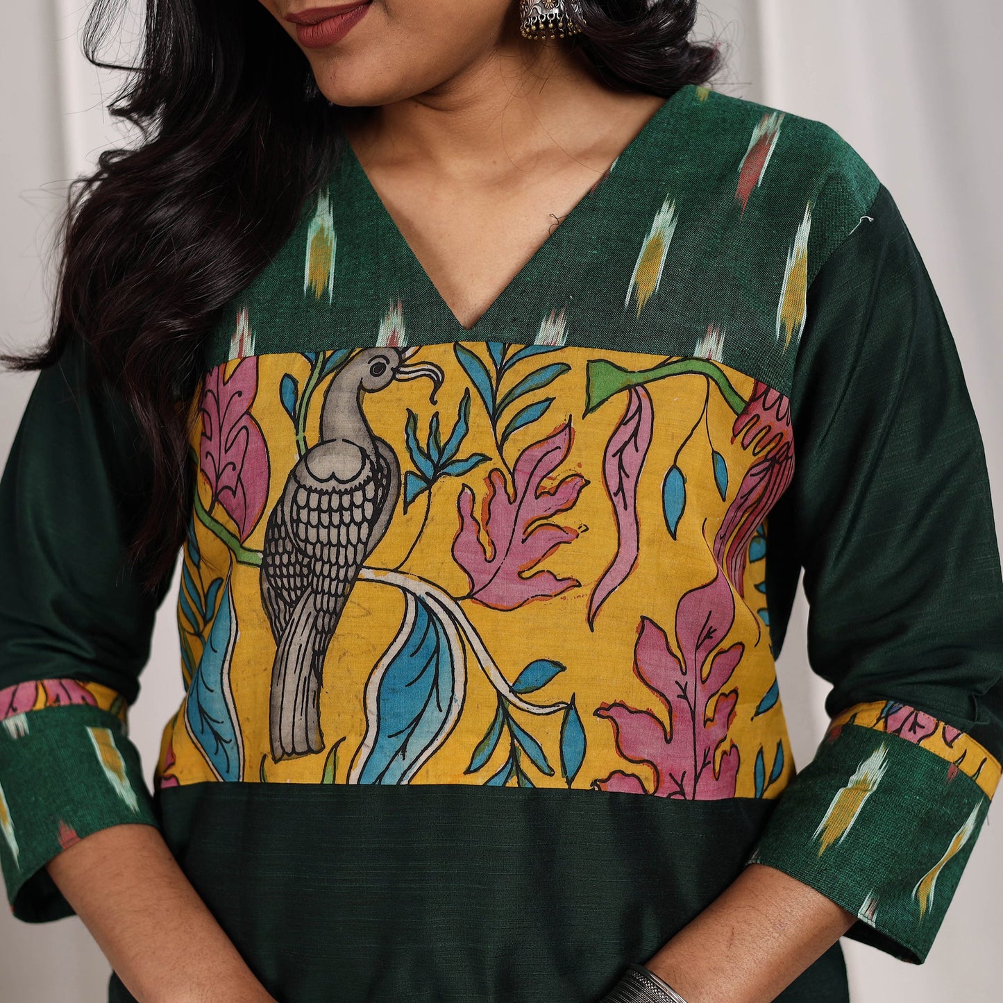 Green Rubina Slub Silk Straight Plain Kurta with Patchwork