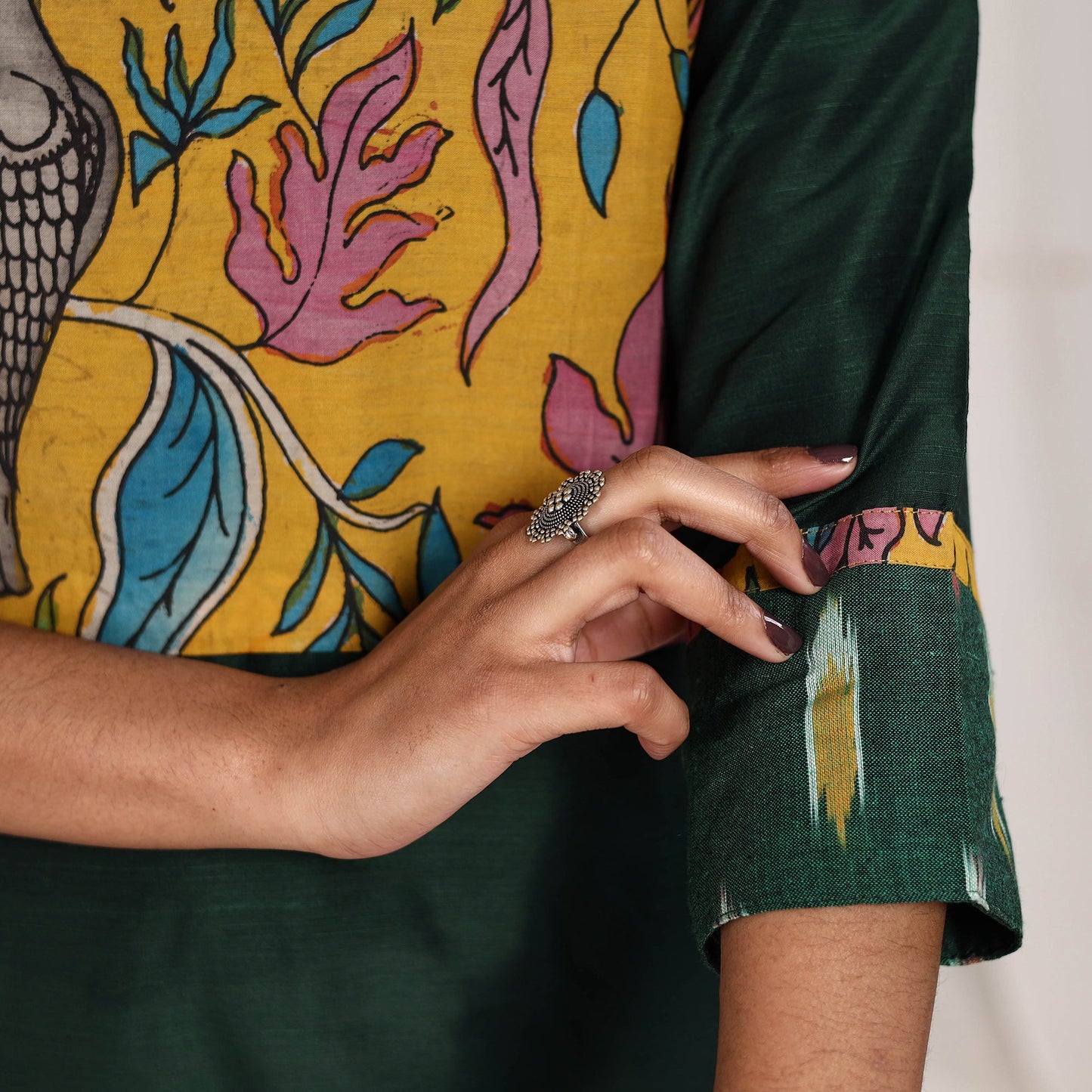 Green Rubina Slub Silk Straight Plain Kurta with Patchwork