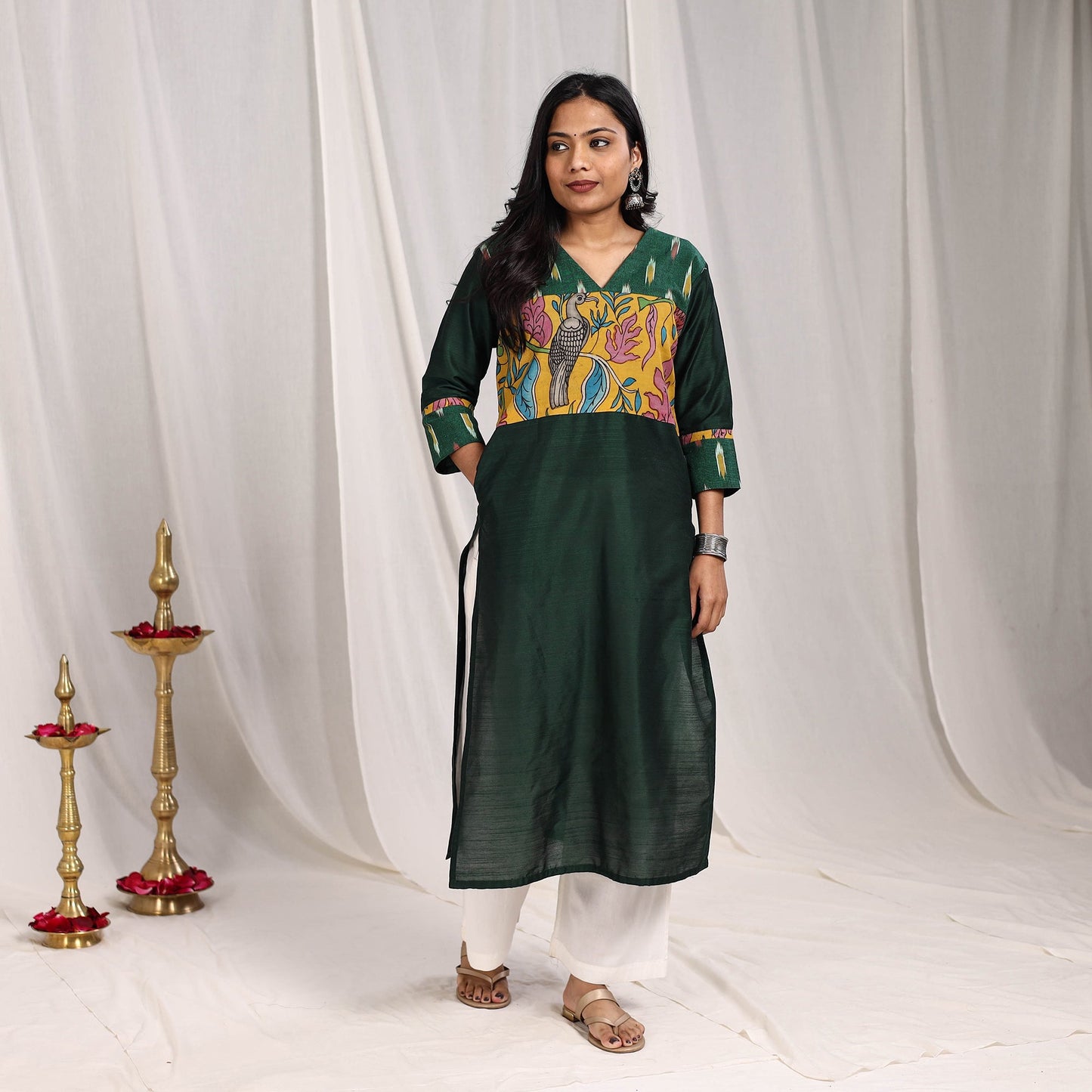 Green Rubina Slub Silk Straight Plain Kurta with Patchwork