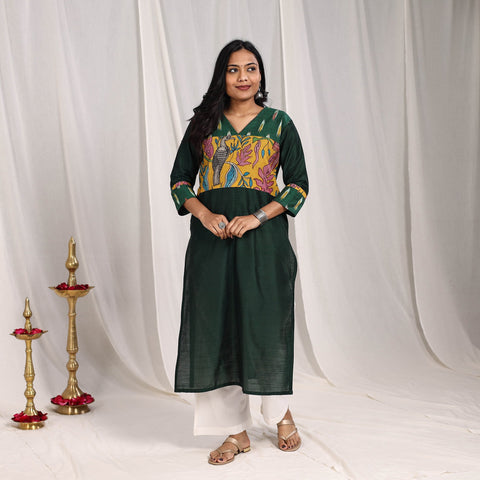 Green Rubina Slub Silk Straight Plain Kurta with Patchwork