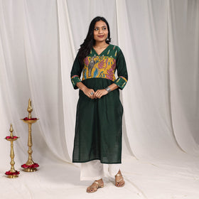 Green Rubina Slub Silk Straight Plain Kurta with Patchwork
