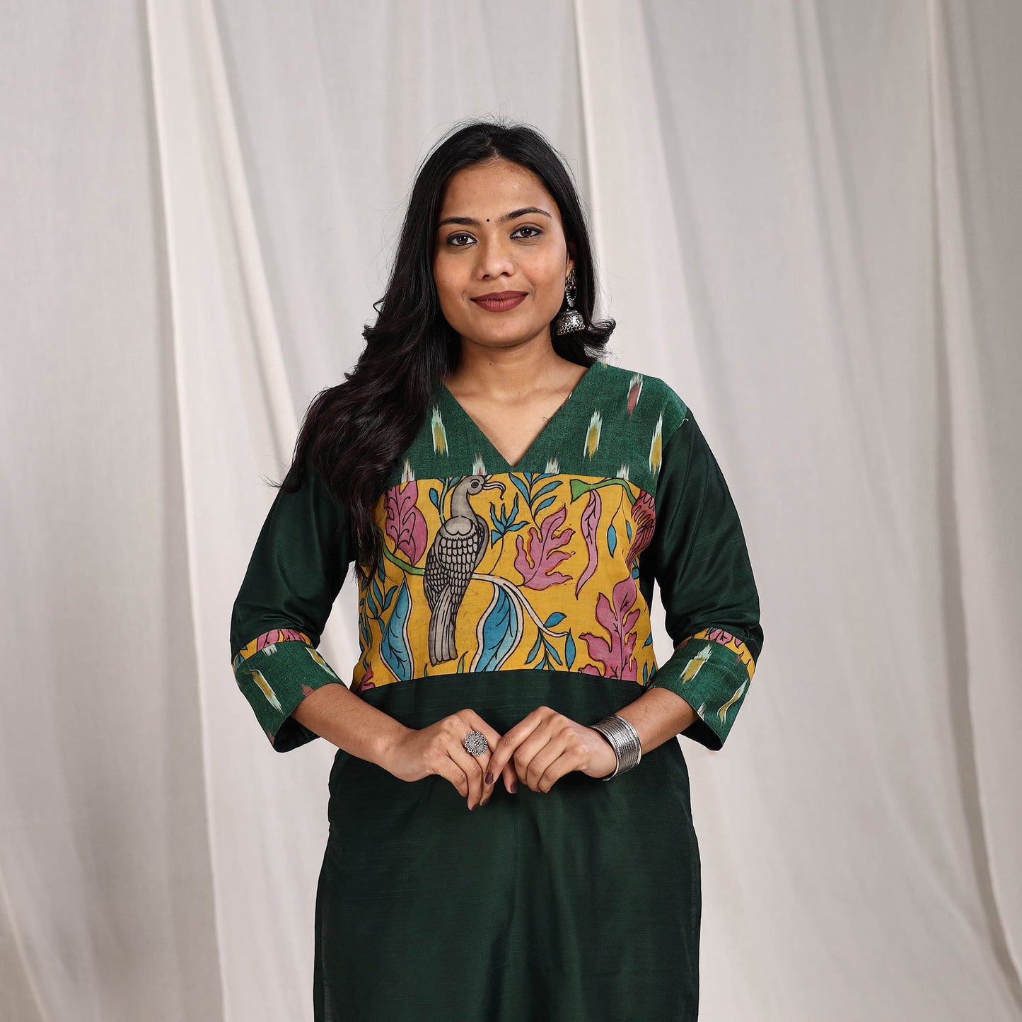Green Rubina Slub Silk Straight Plain Kurta with Patchwork