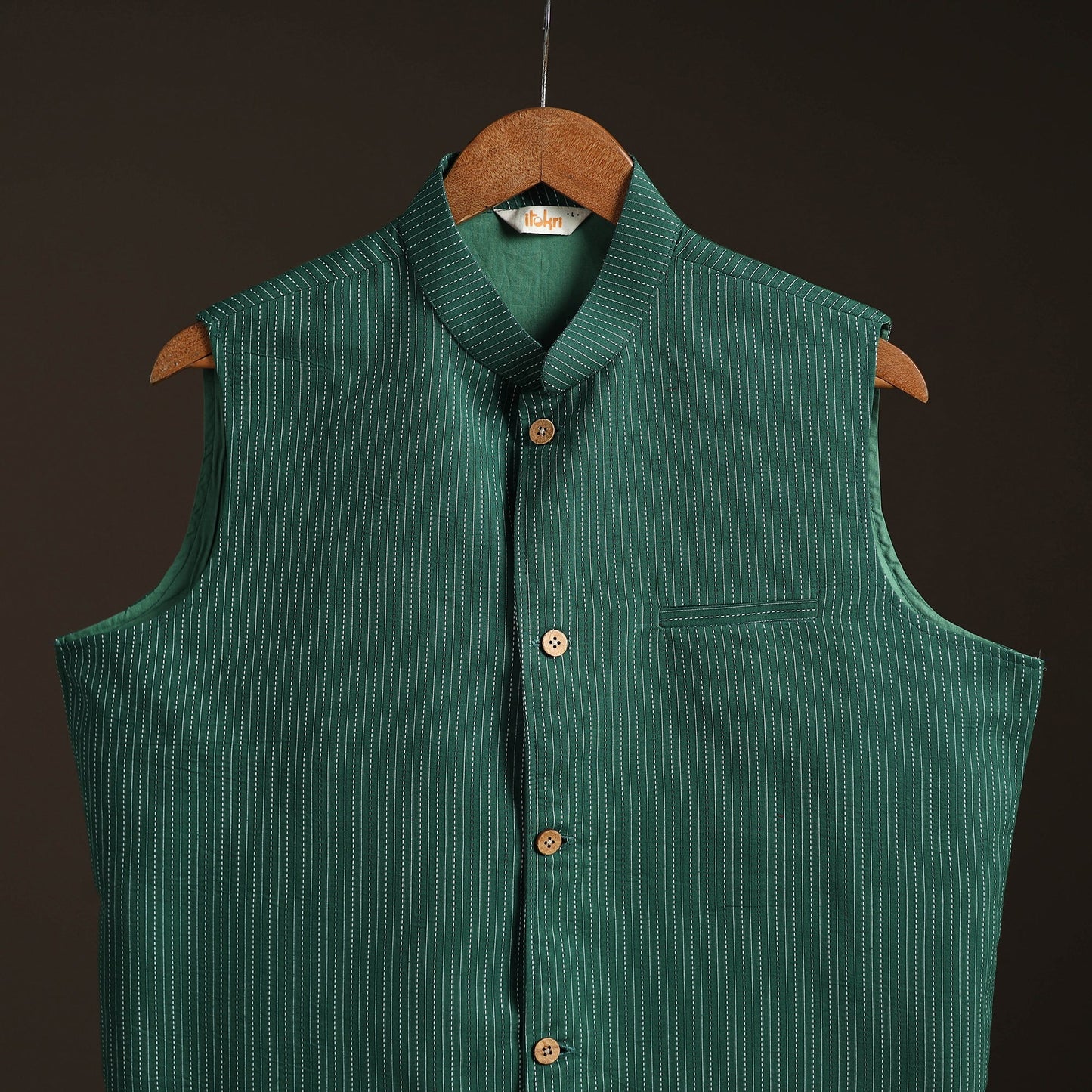 Running stitch cotton men plain nehru jacket 15