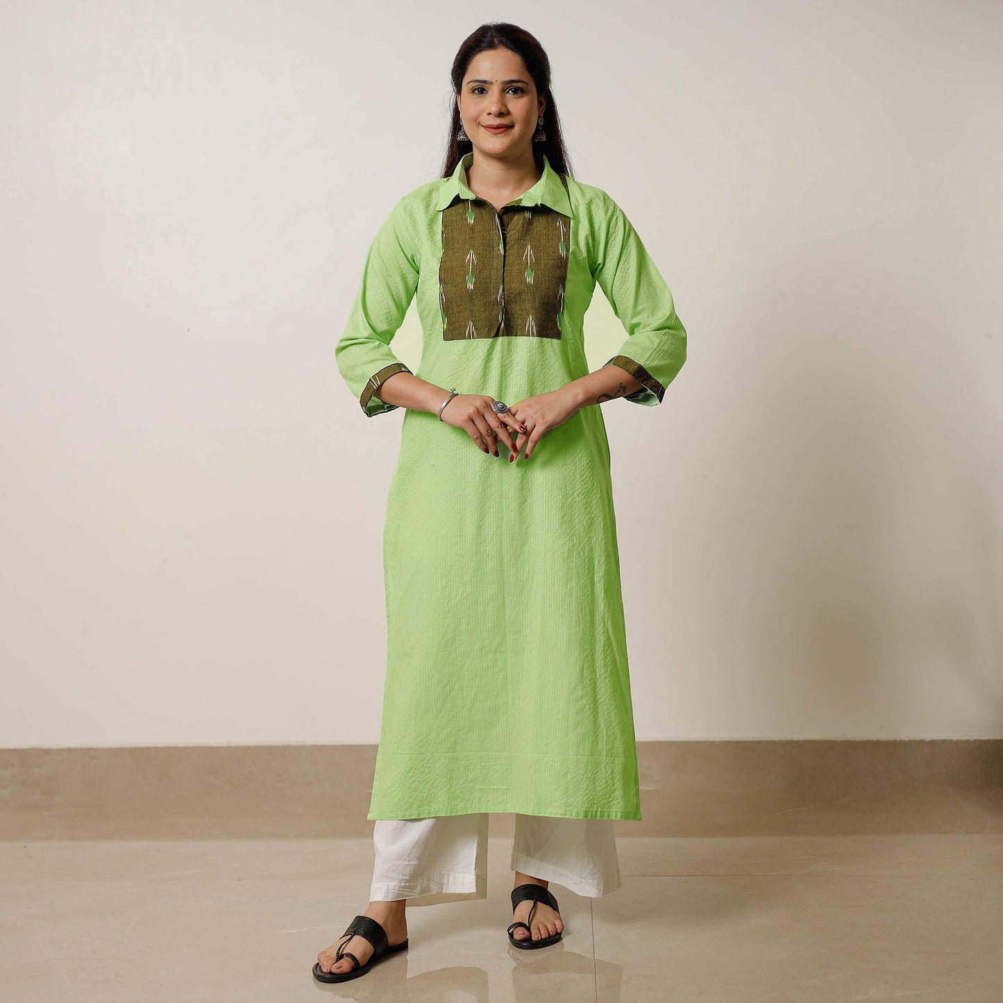 Buy Running Stitch Cotton Straight Kurta with Ikat Patchwork 02 Online at iTokri.com