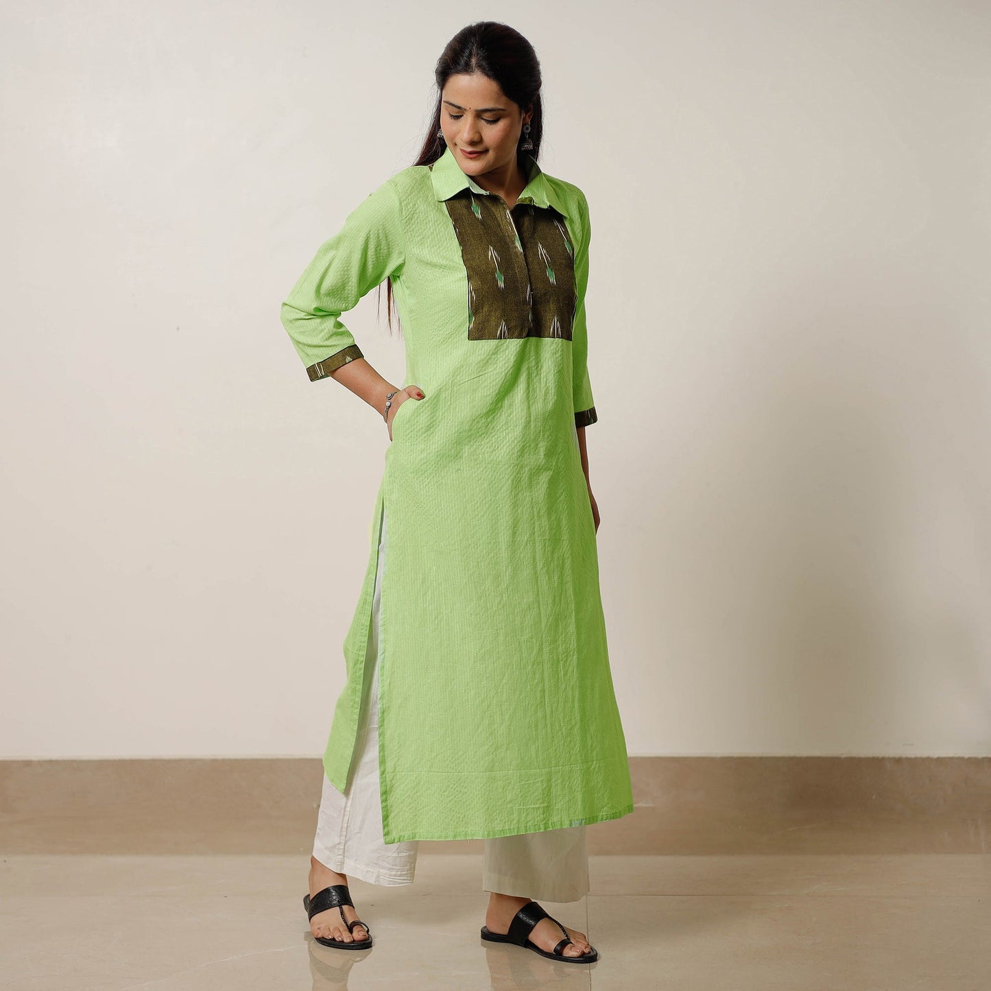 Buy Running Stitch Cotton Straight Kurta with Ikat Patchwork 02 Online at iTokri.com