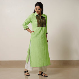 Buy Running Stitch Cotton Straight Kurta with Ikat Patchwork 02 Online at iTokri.com