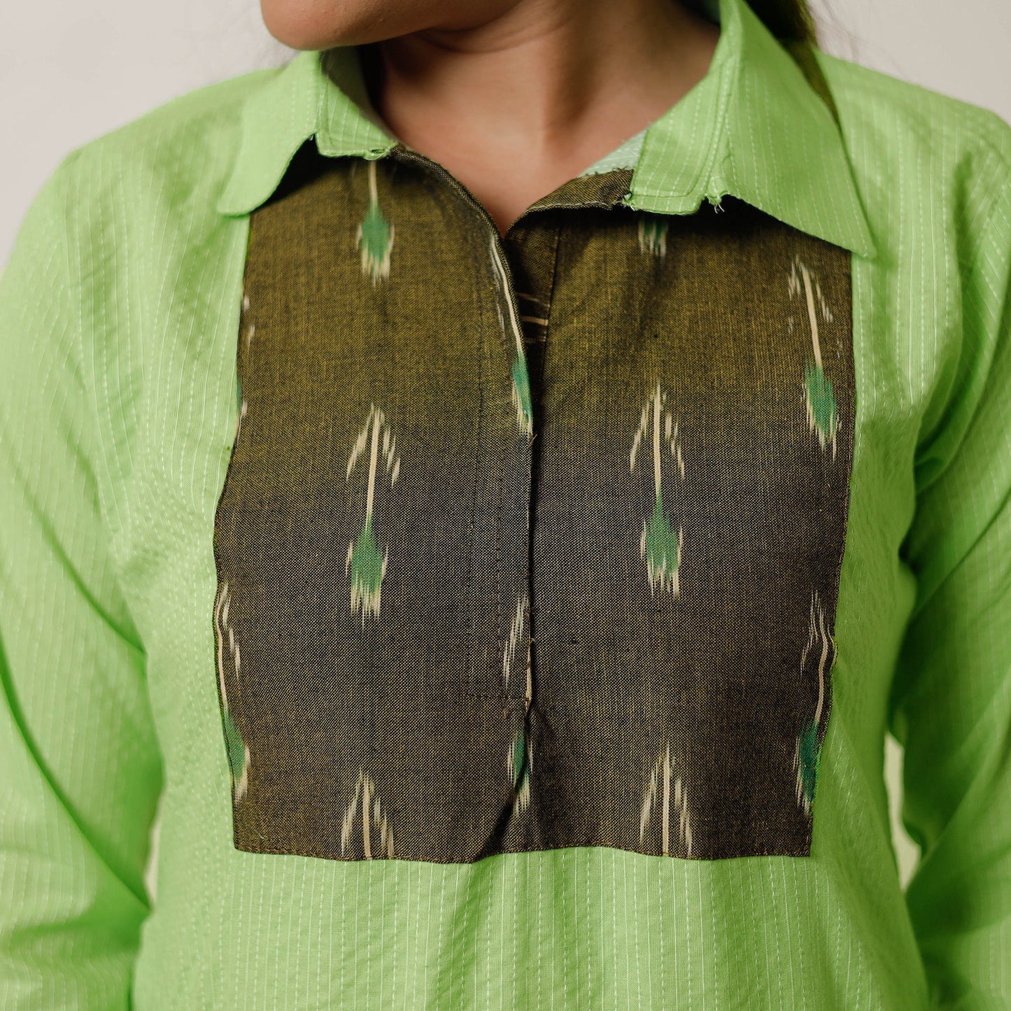 Buy Running Stitch Cotton Straight Kurta with Ikat Patchwork 02 Online at iTokri.com
